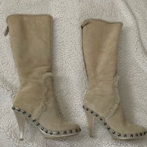 Shearling fur studded suede heeled cream boot